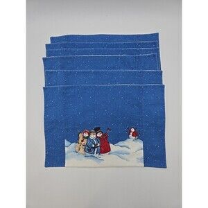 Vtg Christmas Snowman 12x18 Placemat Set of 6 Woven Fabric Holiday Winter Decor